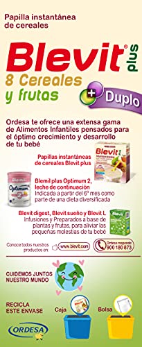 Blevit Plus Duplo 8 Cereales y Frutas - Papilla de Cereales para Bebé Sin Azúcares Añadidos - Facilita la Digestión con Extra de Energía - Desde los 5 meses - 600g