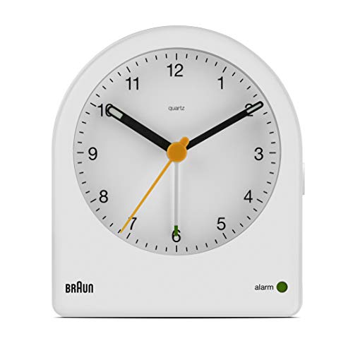 Braun BC-22-W - Reloj despertador clásico analógico, alarma creciente, función snooze, agujas luminosas, movimiento silencioso, color blanco