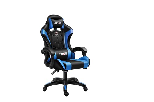 BRAVO HOME - Silla para videojuegos de escritorio con reposapiés – Silla de oficina para gamer – Silla ergonómica con reposacabezas – Cojín lumbar – Respaldo alto (negro + azul)