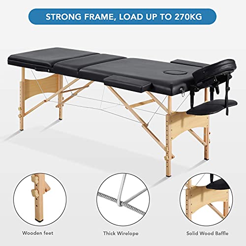 Camilla Masaje Plegable, Mesa Masaje Portatil, 3 Secciones, Altura Ajustable Patas de Aluminio, Bolsa de Transporte