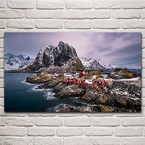 Casa roja costa montañas islas Lofoten Noruega paisaje imagen hogar arte sala de estar decoración 60x120cm sin marco