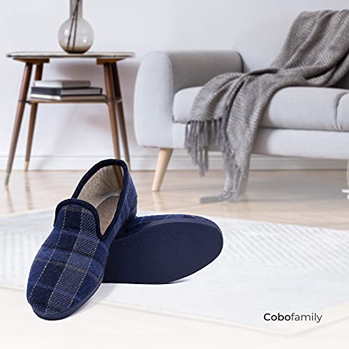 CoboFamily Zapatillas de Estar por Casa Hombre Cuadros Zapatos Mocasines Paño Plano Cerradas Slipper Calido Comodo Pantufla Suela Caucho MADE IN SPAIN (40, Marino)