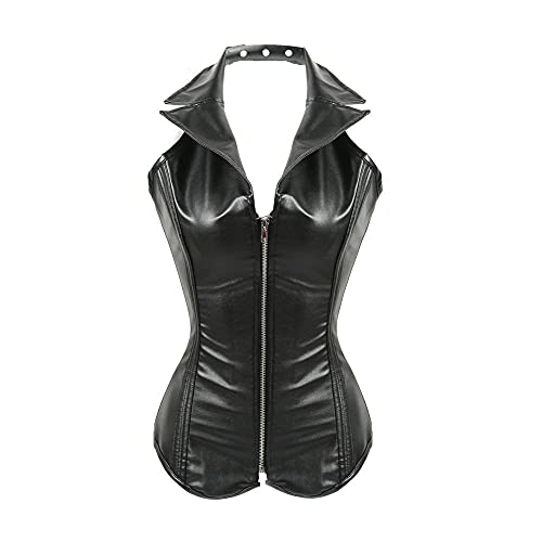 Corset Corsé Mujer Corsé De Cuero De PU Mujer con Cremallera Halter con Cordones En La Espalda Esculpir El Cuerpo Superior De Acero Bone Palace Overbust Corset-Black_L