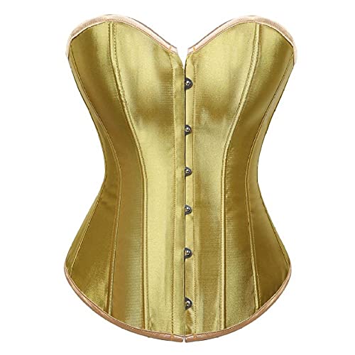 Corset Corsé Mujer Mujeres Sexy Lace Up Satin Overbust Corset Body Shaper Tallas Grandes S-6Xl-Gold_XL