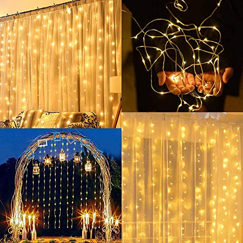 Cortina de luces LED, 3m x 2m Luces de Cadena de Cortina, 200 LED 8 Modos con Mando a Distancia, Cortina Luces USB para Dormitorio, Interior y Exterior, Fiesta, Boda, Navidad, Cumpleaños, Jardín