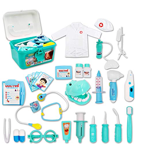 deAO Maletín de Doctor y Dentista Conjunto 2en1 Doctor y Enfermería Clínica Dental Juego para Niños y Niñas Incluye 17 Accesorios Luces y Sonidos Juegos de Imitación (Azul)