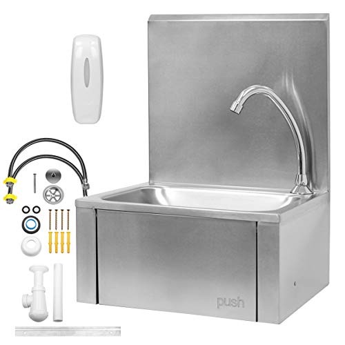 ECD Germany Fregadero con grifo giratorio - aprox. 34 x 40 x 56,5 cm - pila de acero inoxidable - lavamanos volúmen 8 L - con dispensador de jabón - lavabo con accionador de rodilla restaurante pared