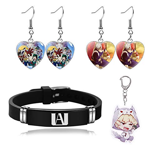 Elibeauty My Hero Academia - Juego de 2 pares de pendientes, 1 pulsera de silicona, 1 llavero, gran regalo para los fans de MHA