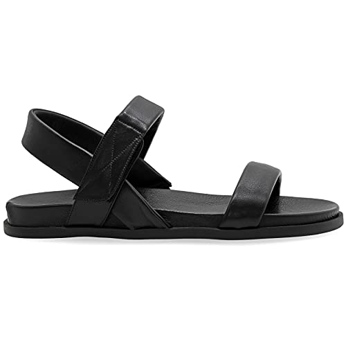 Emmanuela - Sandalias planas de piel cómodas, estilo griego, con cierre de cinta de rasgar, zapatos de verano, sandalias de punta abierta, sandalias boho chic, tiras con soporte de arco, Negro, 41 EU