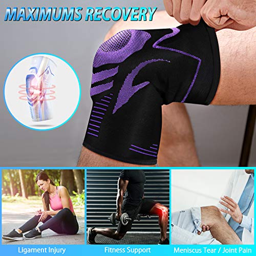 ENONEO Rodillera Ligamentos 2 Piezas Transpirable y Antideslizante Vendaje de Rodilla Hombre y Mujer Rodilleras Deportiva Compresion para Voleibol, Correr, Crossfit, Bicicleta(Morado L)