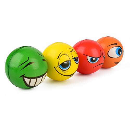 ewtshop® Juego de 4 pelotas antiestrés, 4 diseños diferentes, 6 cm de diámetro, bolas de amasar.