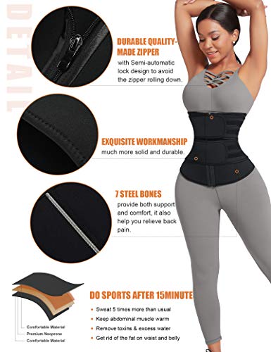 FeelinGirl Mujer Neopreno Corsé Lumbar con 7 Huesos Aceros Faja Reductora Postparto con Cremallera y Velcro Waist Trainer Deportivo Negro S/Talla 38