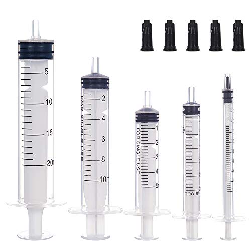 FINGERINSPIRE 38 Piezas de jeringa de plástico Luer Lock sin Aguja y 40 Tapas, jeringas 5 tamaños Mixtos (1 ml, 3 ml, 5 ml, 10 ml, 20 m) Adecuado para dispensar Pegamento, regar, Rellenar