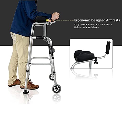 Foldable Standard Walker Aluminum Alloy Rehabilitation Auxiliary Walker 2 Wheels Rollator Walker Padded Armrests Adjustable for Seniors Elderly Walking