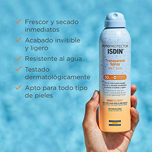 Fotoprotector ISDIN Transparent Wet Skin SPF 50 - Protector solar Corporal, Spray transparente, Eficaz sobre piel mojada, Ginger Cell Protect, 250 ml