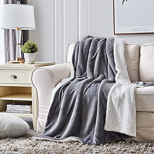 Hansleep Manta Reversible de Franela Sherpa 130x165cm Gris, Manta Polar para Cama 80 de Microfibra Manta Pelo para Sofá Suave Manta Forro Polar de Invierno