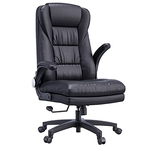 Hbada Silla de Oficina Silla de Escritorio Silla de Ejecutivo Silla giratoria ergonómica Respaldo Engrosado de Piel sintética Apoyabrazos Plegable Negro