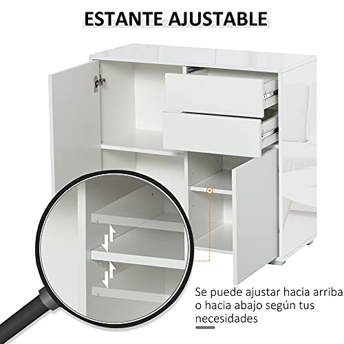 HOMCOM Aparador Auxiliar con 2 Puertas 2 Cajones y Estante Ajustable Apertura a Presión Mueble Organizador de Almacenaje para Dormitorio Salón 79x36x74 cm Blanco