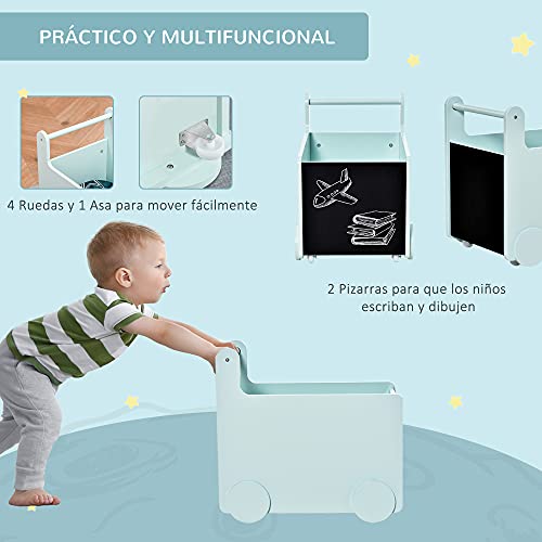 HOMCOM Caja de Almacenamiento de Juguetes Infantil con Ruedas Asa y 2 Pizarras de Escritura Baúl de Almacenaje para Habitación de Niños Guardería Sala de Juegos 47x35x45,5 cm Azul