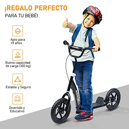 HOMCOM Patinete para Niños de +5 Años Scooter de 2 Ruedas Grandes de 12 Pulgadas con Freno y Manillar Ajustable en Altura Carga Máx. 50 kg 120x52x80-88 cm Negro