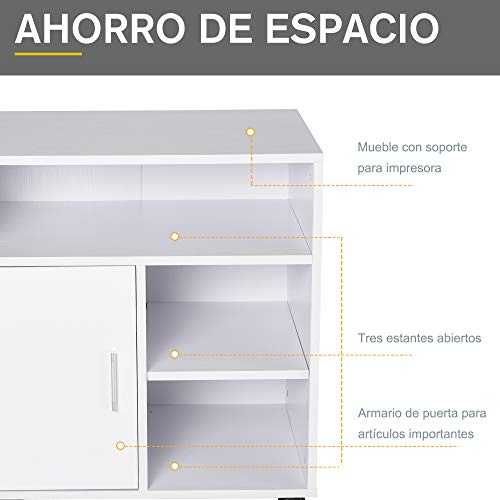 HOMCOM Soporte para Impresora Multifuncional Armario de Oficina Móvil con Estante Puerta Ruedas Espacio Amplio de Almacenaje 60x50x65,5 cm Blanco