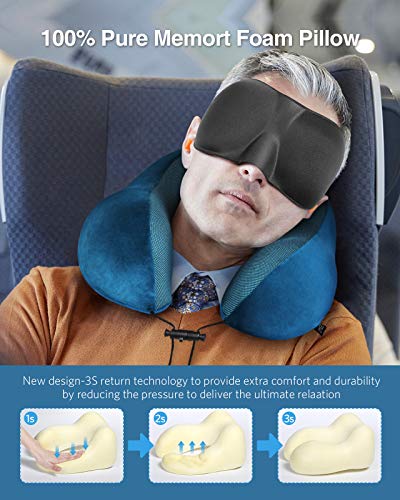 HOMIEE Almohada de Viaje Viscoelástica de Espuma, Almohada de Memoria, Almohada ortopédica Cervical para Avión Tren Coche Viajando con máscara de Ojos y Tapones para los oídos