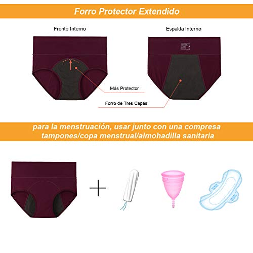 INNERSY Mujeres Bragas Período Menstruales de Cintura Alta de Algodón Protección Ropa Interior Pack de 3 (L-EU 42, Azul+Gris+Rojo)