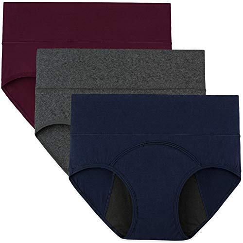 INNERSY Mujeres Bragas Período Menstruales de Cintura Alta de Algodón Protección Ropa Interior Pack de 3 (L-EU 42, Azul+Gris+Rojo)