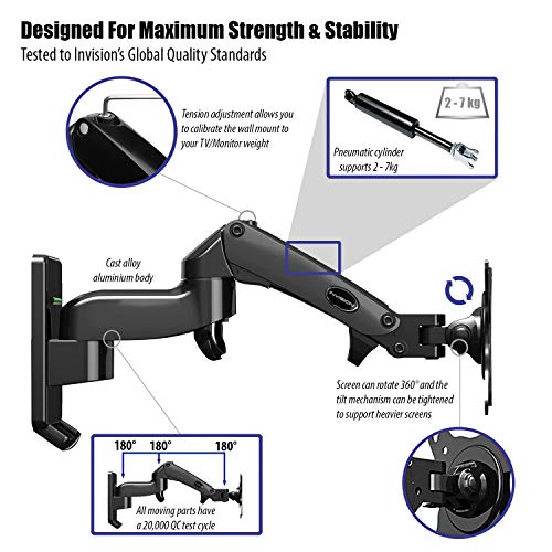 Invision Soporte Monitor Pared de PC y TV, para Pantallas 17-27", Ergonómico Soporte de un Solo Brazo Altura Ajustable con Inclinación, Giratoria y Rotar, VESA 75x75mm y 100x100mm, Peso 2-7kg [MX250]