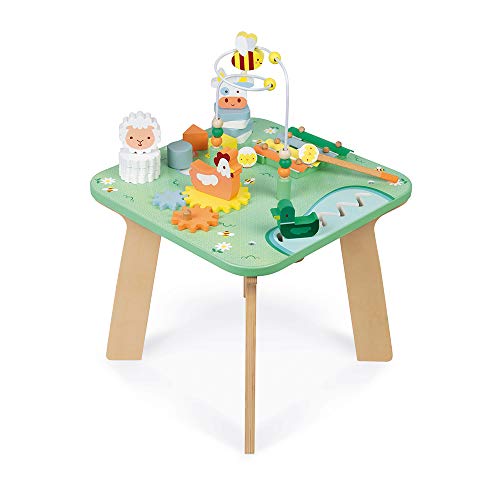 Janod - Mesa de actividades Jolie Prairie - 7 actividades para la primera edad - Mesa de madera multijugador con el tema de la granja - Desarrollo de la motricidad fina - A partir de 12 meses, J05327