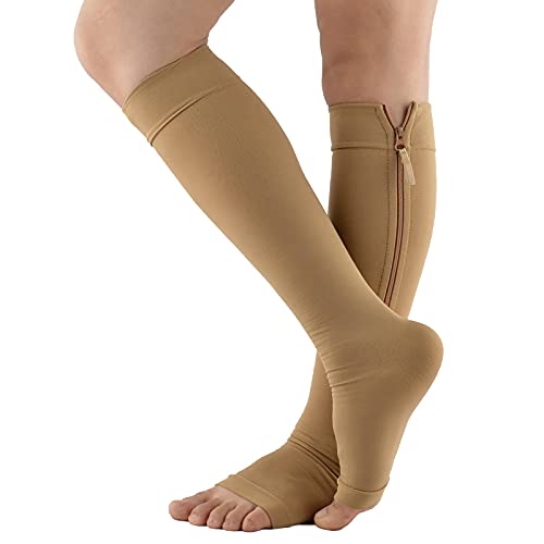 JJGS Calcetines de compresión, Medias de compresión con cremallera, tamaño S-XXL, medias de compresión sin pie, mejoran el flujo sanguíneo, adecuado para edema, hinchazón, embarazo, ejercicio Beige-XX