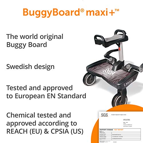 Lascal BuggyBoard Maxi+ Plataforma con sillín infantil y base grande, accesorio para niños de 2 a 6 años (22 kg), compatible con casi todas las sillitas de paseo, negro