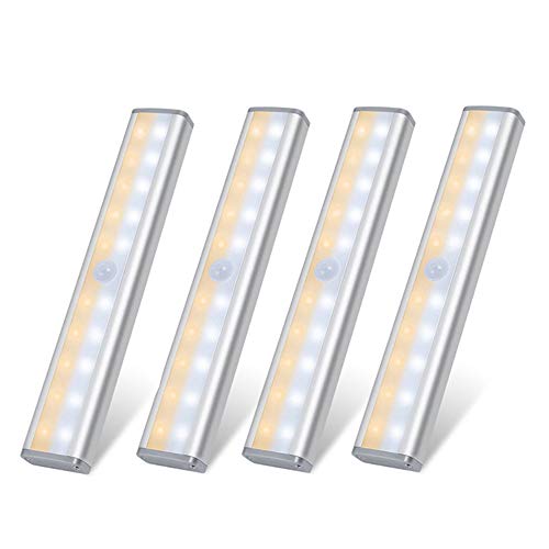 Luz nocturna portátil de 20 LED con sensor de movimiento, 4 vatios, detector de sensor y modos de apagado y encendido continuo, recargable por USB, 2 tiras magnéticas adicionales, 4 unidades