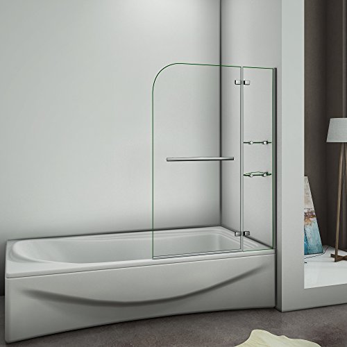 Mamparas de Bañera Biombo de Baño Abatible Cristal Templado 5 MM Estante Toallero, 90x140 CM