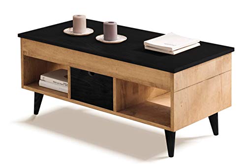 Mesa de Centro elevable con cajón Deslizante, Madera Maciza de Pino Acabado Encerado y Negro. Medidas 100 x 50 x 47 cm