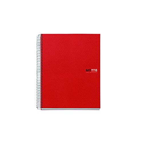 Miquelrius 42003 - Cuaderno A5, 200 hojas (franjas de 8 colores), cuadrícula 5 mm, tapa de polipropileno, color rojo