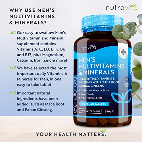 Multivitaminas y Minerales Veganas Para Hombre - 25 Vitaminas y Minerales Esenciales que Incluyen Todas las Vitaminas C, Biotin, Raíz de Maca y Panax Ginseng - 180 tabletas – Fabricado por Nutravita