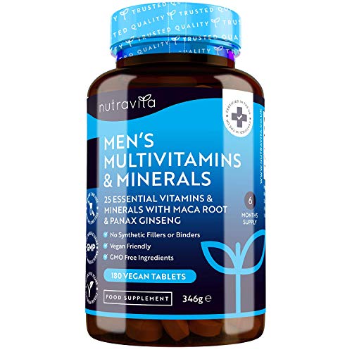 Multivitaminas y Minerales Veganas Para Hombre - 25 Vitaminas y Minerales Esenciales que Incluyen Todas las Vitaminas C, Biotin, Raíz de Maca y Panax Ginseng - 180 tabletas – Fabricado por Nutravita