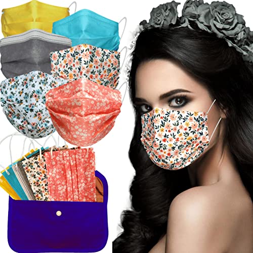 MVT - 60x Mascarilla Protectora Higiénica Desechable UNE 0064-1:20 3 capas Colores y Estampados Variados + Mask Case de tela color aleatorio (6)