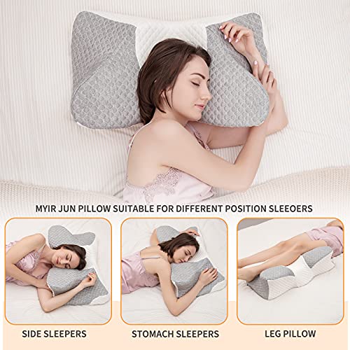 Myir JUN Almohada de Espuma Viscoelástica, Almohada Ergonómica Suave Apoyo para Dormir de Espaldas Almohada Cervical con Altura Ajustable Cuello y Hombro con Funda Desmontable (65 * 37 * 12 cm)