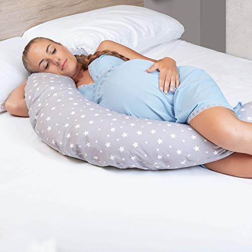 Niimo Cojin Lactancia Bebe y Almohada Embarazada Dormir XXL Multifuncion Funda Cojin 100% Algodon Desenfundable y Lavable Relleno de Poliester Multiusos Maternidad (Gris-Estrella Blanca)