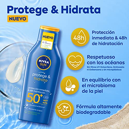 NIVEA SUN Protege & Hidrata Leche Solar FP50+ (1 x 400 ml), protector solar hidratante y resistente al agua con protección UVA/UVB, protección solar muy alta