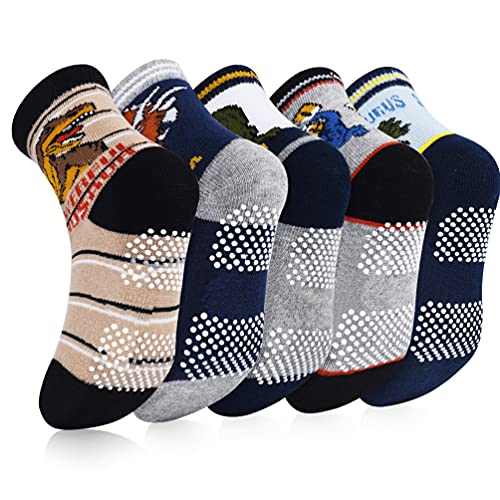 OOPOR Niños Antideslizantes Algodón Calcetines Tobilleros - Acogedor Vestir Colores Marvel Goma Correr Sport Socks Fornite Disfraz Novedad Dinosaurios Coche 5 Pack Tela Futbol Casa Navidad 0-12 Años