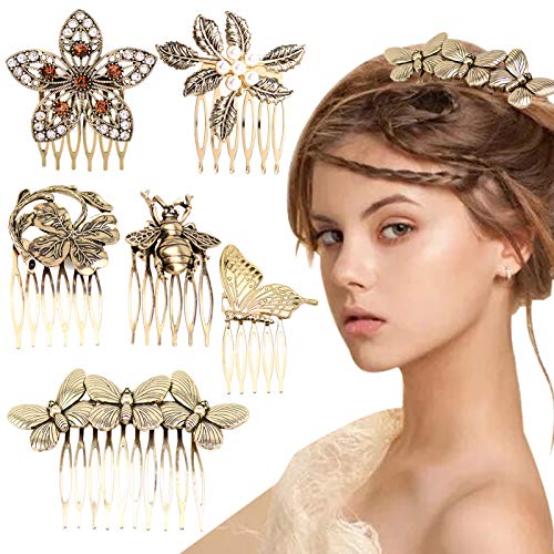 Paquete De 6 Peines Laterales Para El Cabello Vintage Para Mujer Decorativos, ECANGO, Pinzas Para El Cabello De Metal Con Diamantes De Imitación Y Perlas Doradas Retro Con Agarre De Dientes