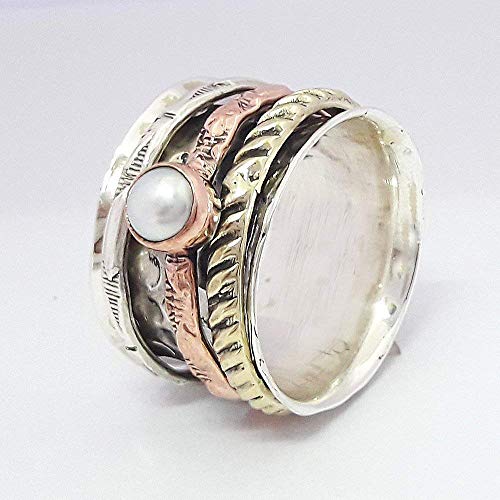 Pearl Ring for Mothers Gift-Beautiful Rose Gold Ring, 925 Sterling Silver Handmade Spinner Ring, Pearl Ring, Meditation Ring for Couple, Hammered Ring for Her, Chunky Ring, Textured Ring for Him