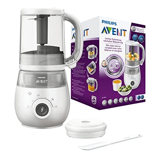 Philips Avent SCF883/01 - Procesador de alimentos para bebé 4 en 1 en color blanco: cocina a vapor, tritura, descongela y calienta en un solo recipiente