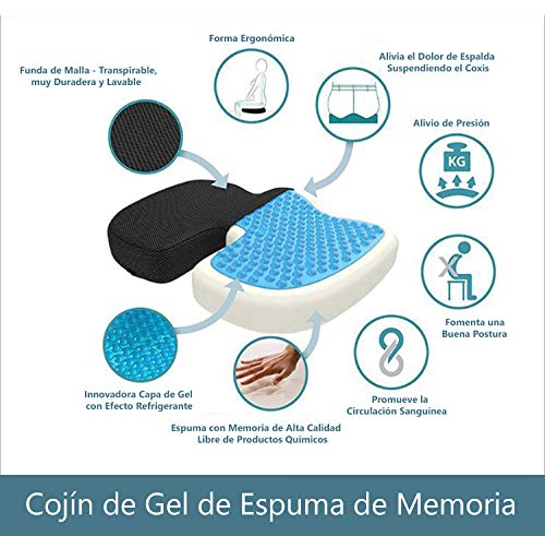 PimPam Factory - Cojín Viscoelástico con Gel Disipador de Calor | Fabricado en España | Incluye 2 Fundas Extraibles | Alivia el Dolor de Hemorroides, Ciática, Coxis, Lumbar, Cervicales y Espalda