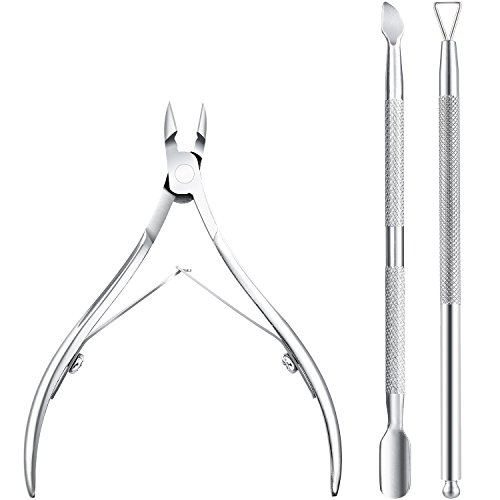 Pinza de Cutículas con Levantador de Cutícula Removedor de Cutícula de Acero Inoxidable y Herramienta de Belleza Cortador para las Uñas de Dedos de Manos y Pies (Plata)