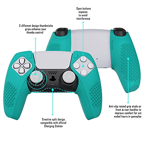 PlayVital Funda de Silicona por Separado para PS5 Control Protectora Ergonómica con Tapas de Joysticks para Playstation 5 Mando-Compatible con Estación de Carga(3D Tachonado-Agua Verde)