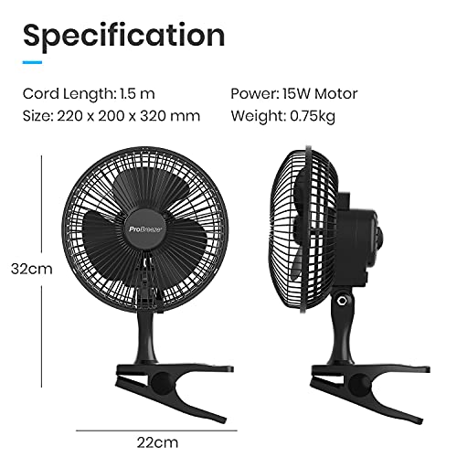 Pro Breeze Mini Ventilador de Sobremesa con Pinza I Pequeño Ventilador Eléctrico con Funcionamiento Ultra silencioso y 2 Configuraciones de Velocidad I 15W para Hogar, Cama, Oficina y Escritorio